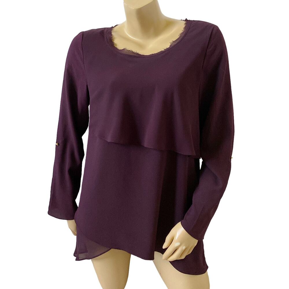 ELLEN TRACY Womens Size Medium Purple Convertible Fringed Tiered Tunic Top Shirt